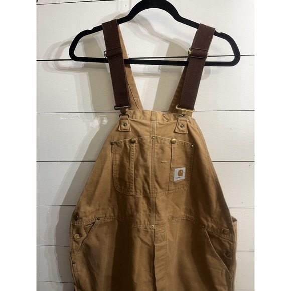 Carhartt R01 BRN Duck Bib Overalls Mens 44x30 Brown Unlined Double Knee USA VTG. - Picture 2 of 12